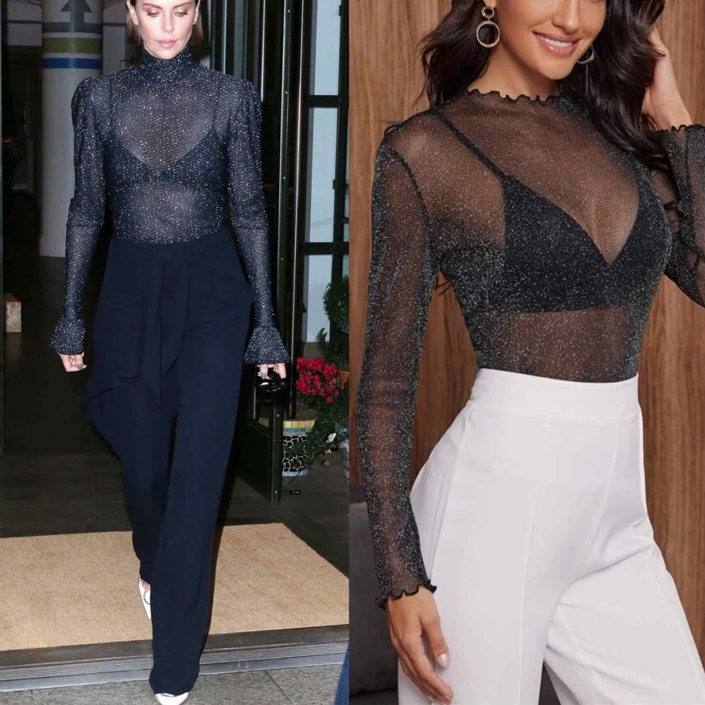 ELEGANT LONG SLEEVE MESH TOP - BLACK